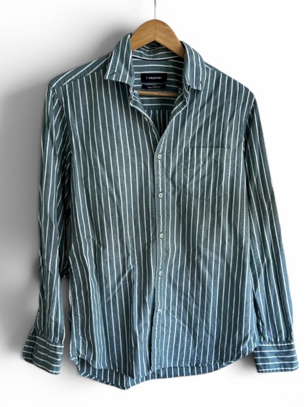 Fratini Men’s Button Down Green and White Stripe, Size Medium